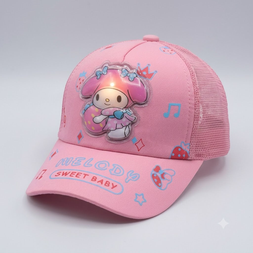 Kids cartoon trucker baseball cap with mesh back, adjustable snapback and 3D character patch (multiple colour variants)