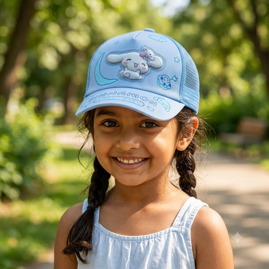 Kids cartoon trucker baseball cap with mesh back, adjustable snapback and 3D character patch (multiple colour variants)