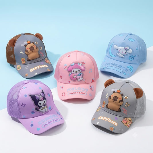 Kids cartoon trucker baseball cap with mesh back, adjustable snapback and 3D character patch (multiple colour variants)