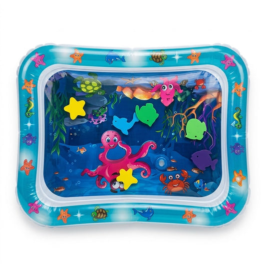 Inflatable baby tummy time water play mat with ocean theme, clear water compartment and floating shapes, size 69×50×8 cm