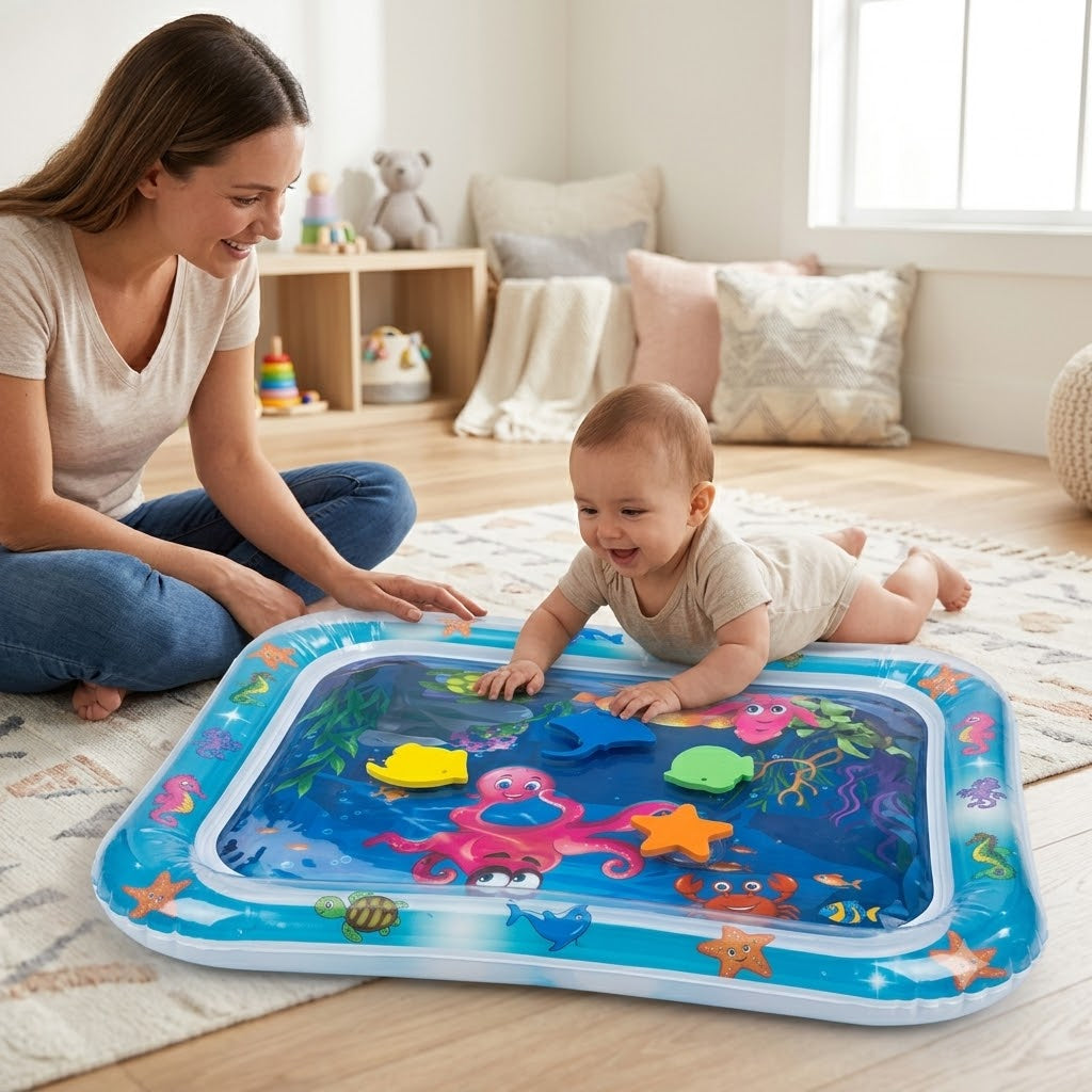 Inflatable baby tummy time water play mat with ocean theme, clear water compartment and floating shapes, size 69×50×8 cm