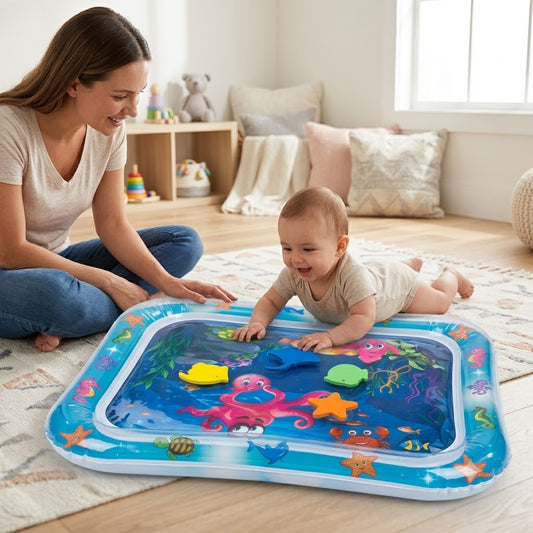 Inflatable baby tummy time water play mat with ocean theme, clear water compartment and floating shapes, size 69×50×8 cm