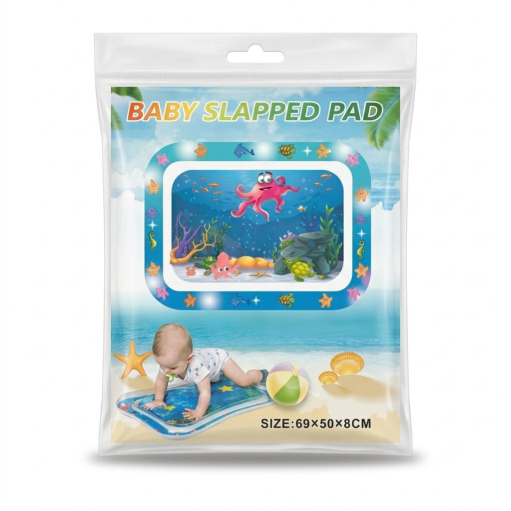 Inflatable baby tummy time water play mat with ocean theme, clear water compartment and floating shapes, size 69×50×8 cm