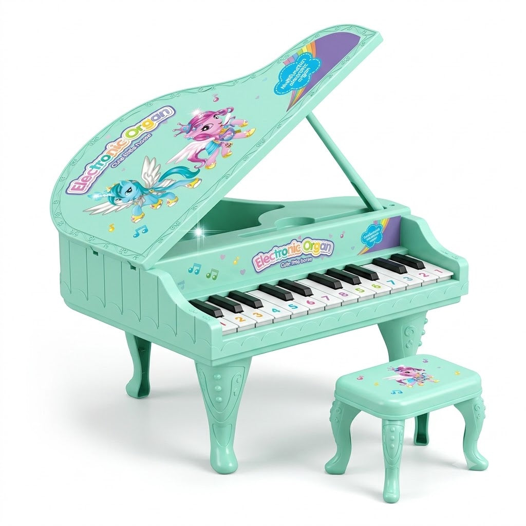 Mint green kids electronic toy grand piano/organ with unicorn graphics, numbered keys and matching stool