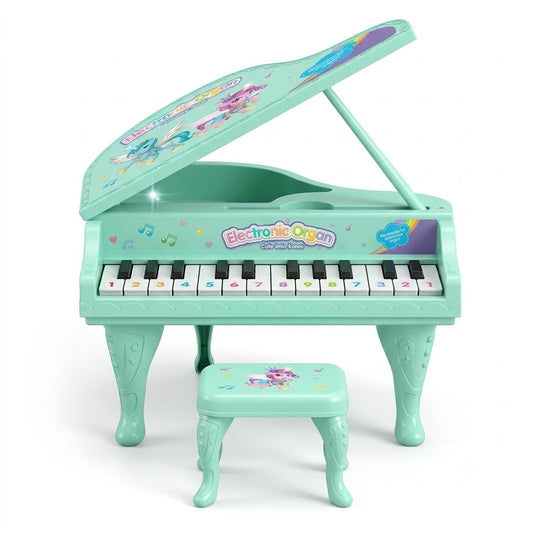 Mint green kids electronic toy grand piano/organ with unicorn graphics, numbered keys and matching stool