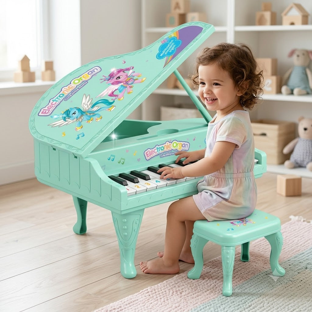 Mint green kids electronic toy grand piano/organ with unicorn graphics, numbered keys and matching stool