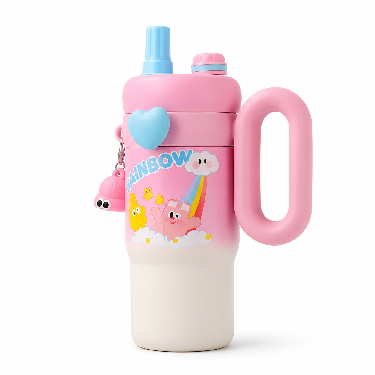 Kids Cartoon Tumbler with Handle & Flip-Top Straw Lid (Travel/Rainbow Print) – Multicolor