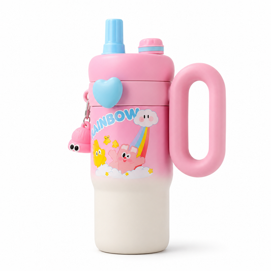 Kids Cartoon Tumbler with Handle & Flip-Top Straw Lid (Travel/Rainbow Print) – Multicolor