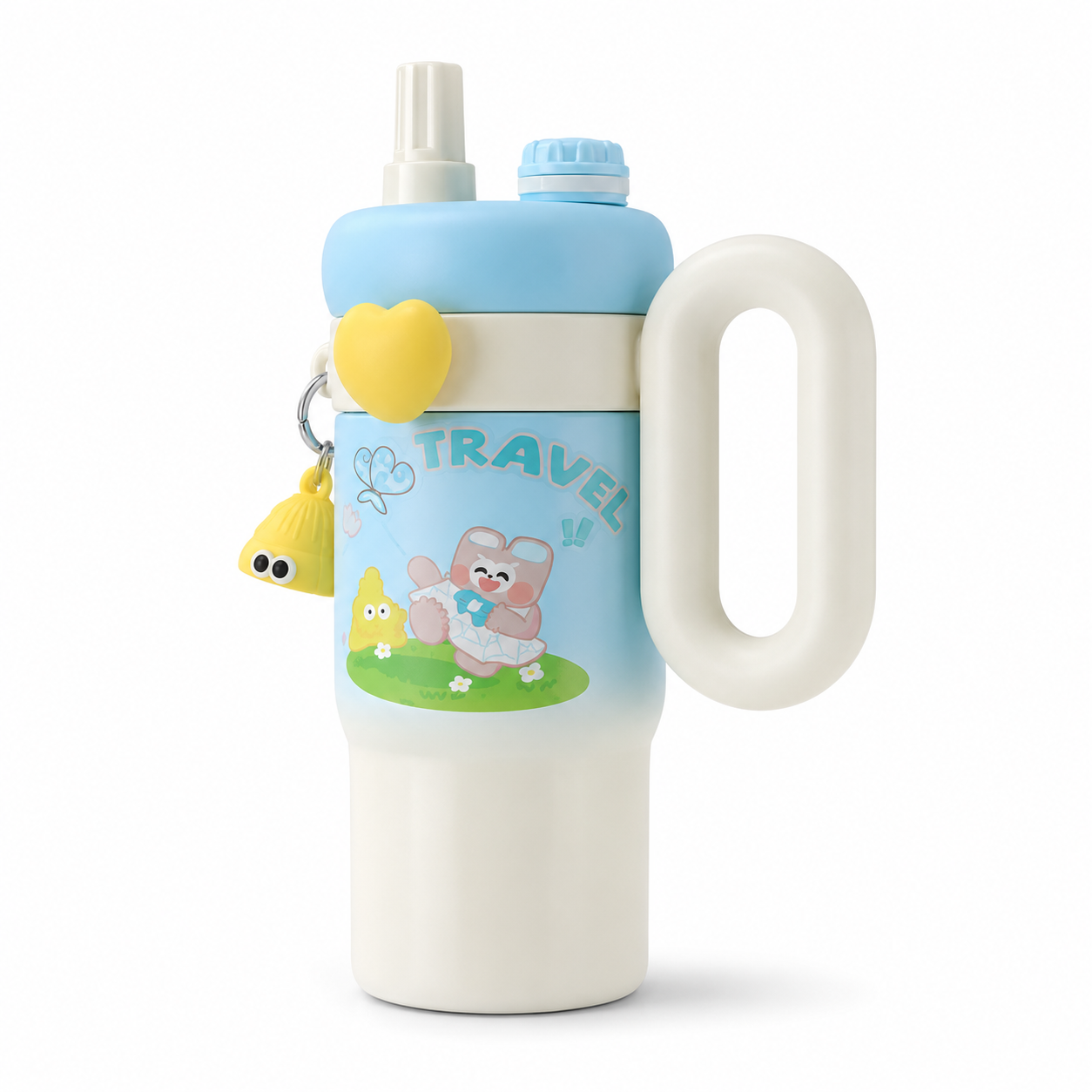 Kids Cartoon Tumbler with Handle & Flip-Top Straw Lid (Travel/Rainbow Print) – Multicolor