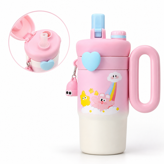 Kids Cartoon Tumbler with Handle & Flip-Top Straw Lid (Travel/Rainbow Print) – Multicolor