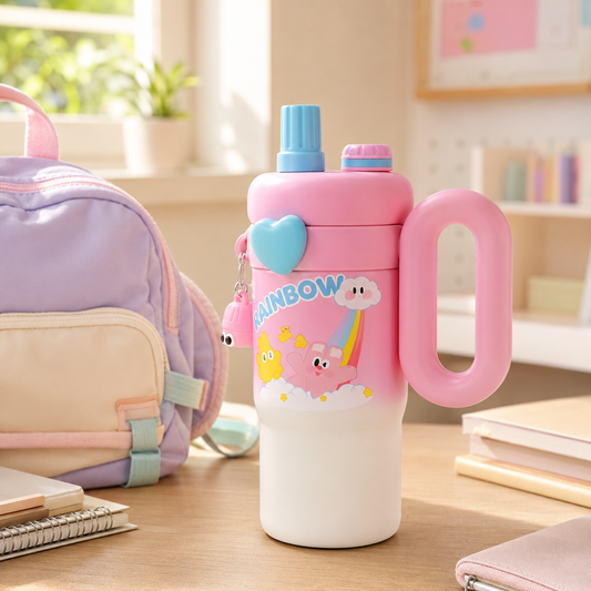 Kids Cartoon Tumbler with Handle & Flip-Top Straw Lid (Travel/Rainbow Print) – Multicolor