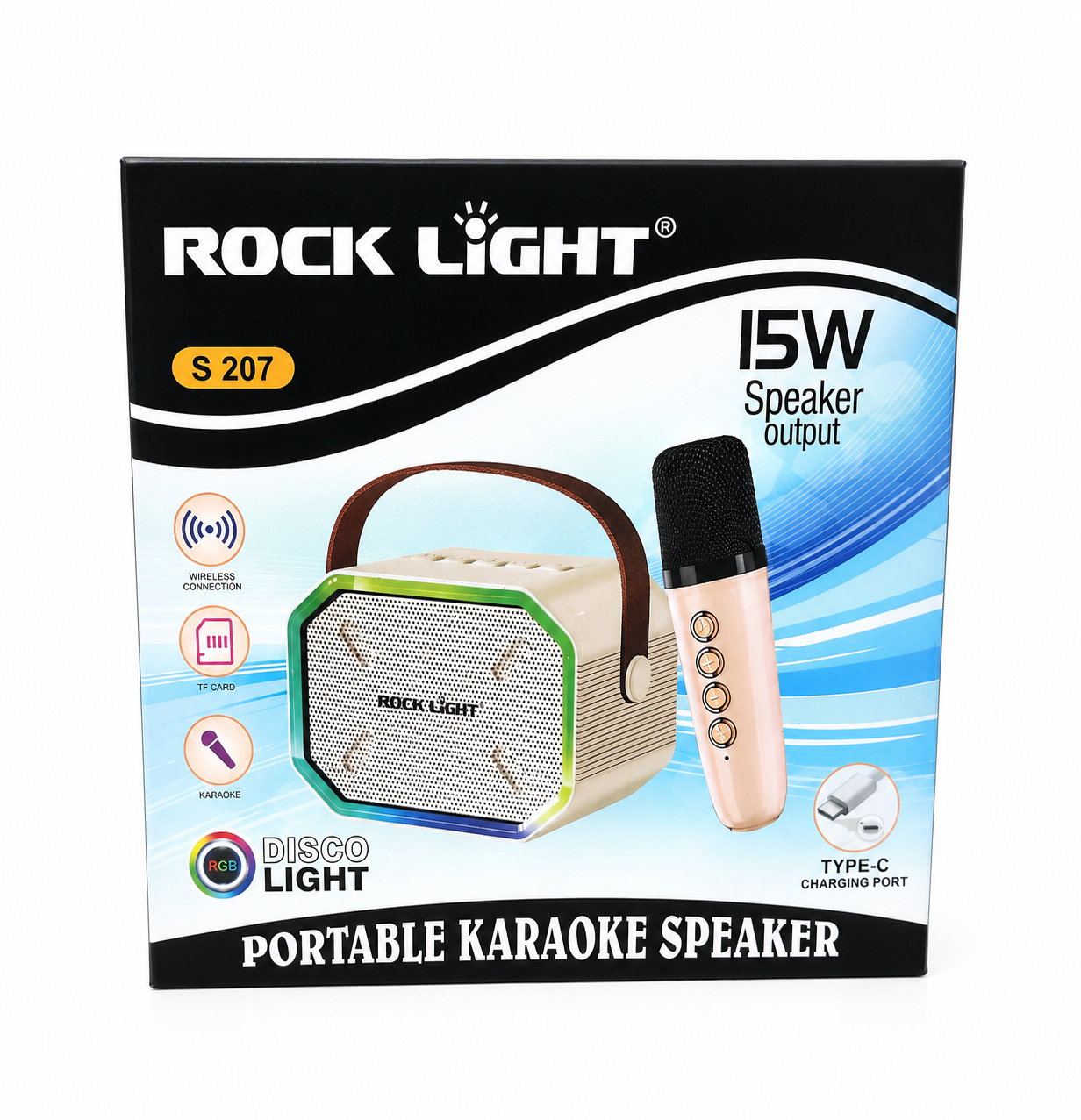 Rock Light S 207 portable Bluetooth karaoke speaker with wireless microphone and RGB disco lights