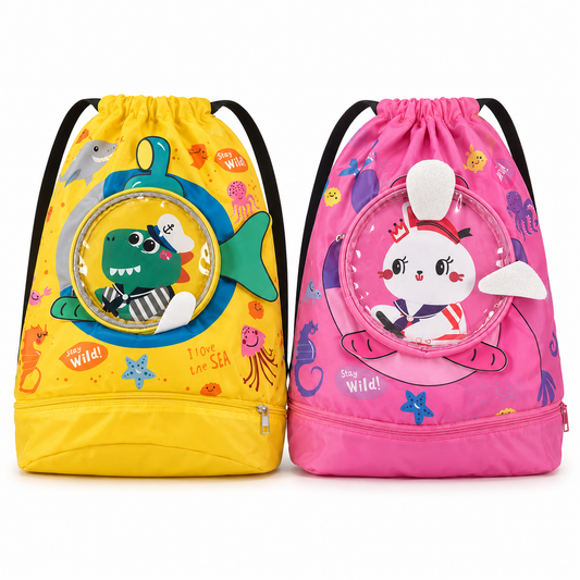 Kids Sea Adventure Drawstring Backpack with Transparent Character Pocket & Bottom Zip Compartment