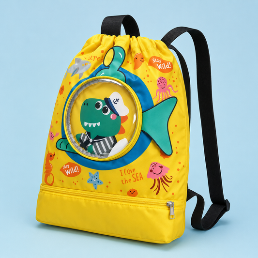 Kids Sea Adventure Drawstring Backpack with Transparent Character Pocket & Bottom Zip Compartment