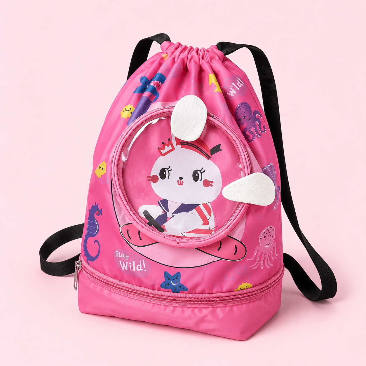 Kids Sea Adventure Drawstring Backpack with Transparent Character Pocket & Bottom Zip Compartment