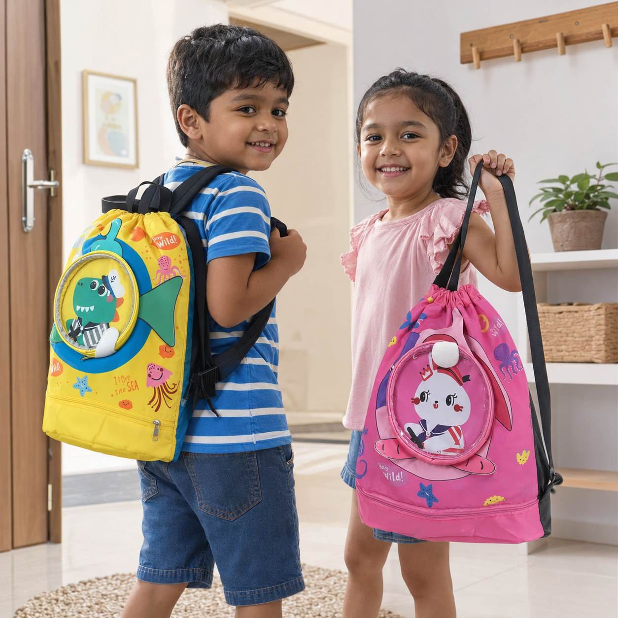 Kids Sea Adventure Drawstring Backpack with Transparent Character Pocket & Bottom Zip Compartment