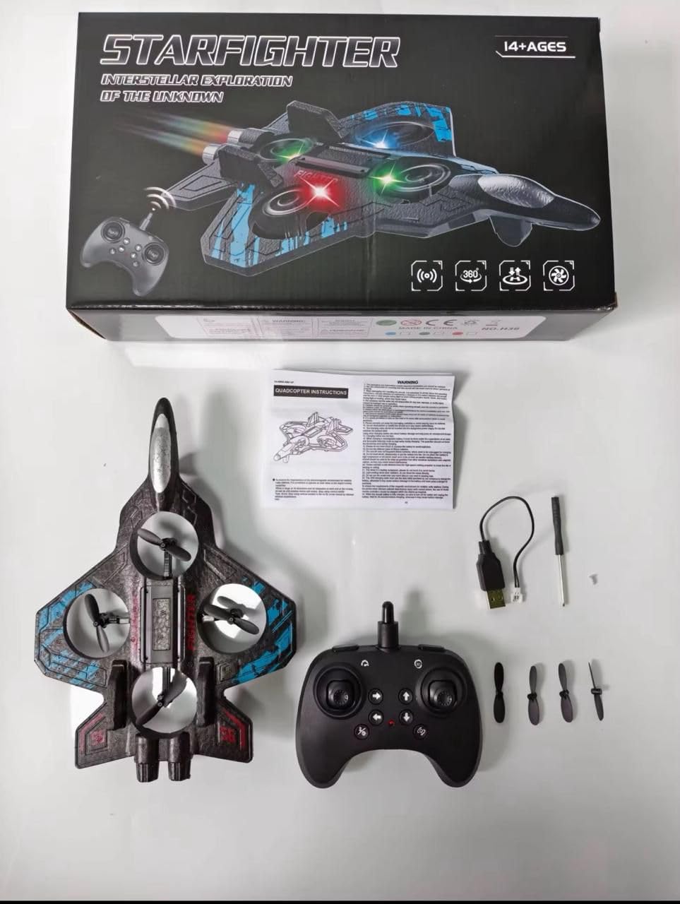 Remote Control Starfighter Aircraft Toy with LED Lights & 360° Stunt Rotation – USB Rechargeable Flying Spacecraft for Kids & Teens
