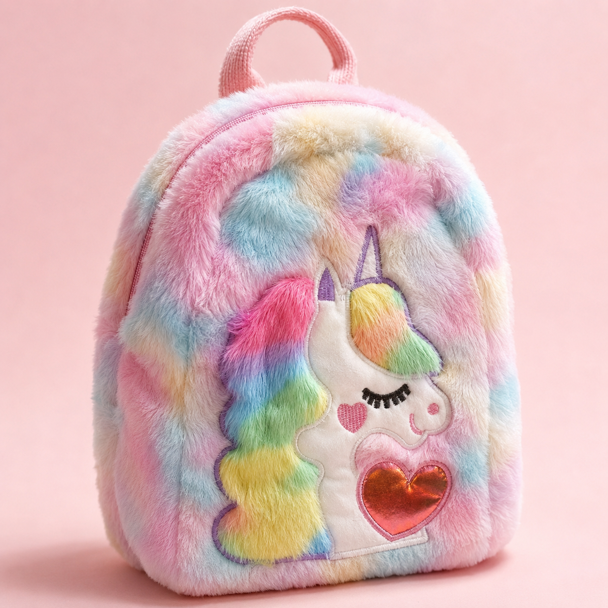 Kids Pastel Rainbow Furry Unicorn Carry Bag with Soft Plush Finish & Top Handle