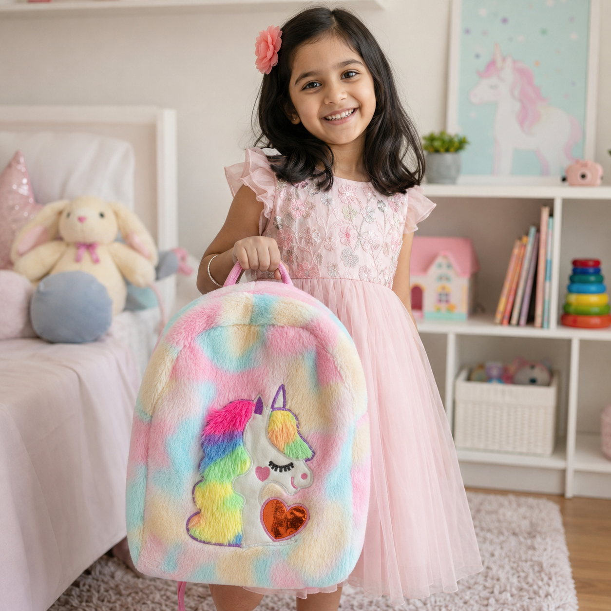Kids Pastel Rainbow Furry Unicorn Carry Bag with Soft Plush Finish & Top Handle