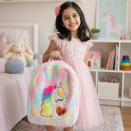 Kids Pastel Rainbow Furry Unicorn Carry Bag with Soft Plush Finish & Top Handle
