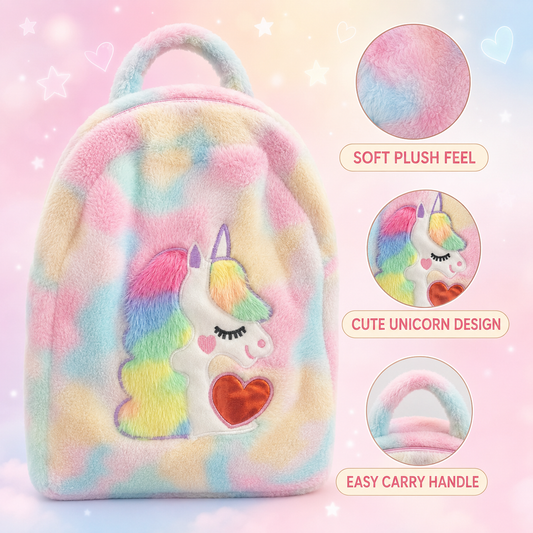 Kids Pastel Rainbow Furry Unicorn Carry Bag with Soft Plush Finish & Top Handle