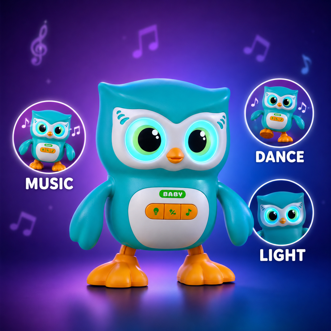 Wise Owl Musical Dancing Toy with Music, Moving Action & Colourful LED Lights for Kids – Turquoise